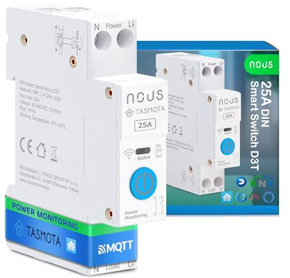 Nous Intelligenter DIN-Schalter 25A mit Tasmota (ESP32), Energieüberwachung, kompatibel mit MQTT, Home Assistant, Matter, Sprachsteuerung mit Alexa, Google Assistant