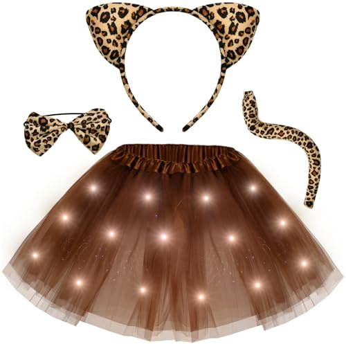 Tacobear Lumineux Déguisement Animal Enfant Fille Jupe Tutu LED Animal Bandeau Queue Costume d'Halloween Noël Fête Cosplay Carnaval pour Enfants (Léopard)