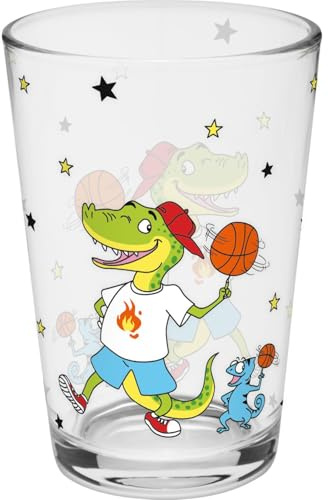 GRUSS & CO Bicchiere con motivo Dino, in vetro stampato, altezza 10,8 cm, diametro 6,8 cm, volume 22 cl, regalo per bambini, ragazzi, ragazze, Natale, compleanno, 74106