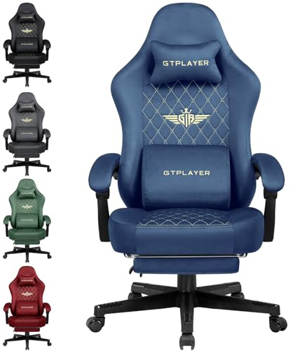 GTPLAYER Sedia Gaming Poltrona in Tessuto Ergonomica per Ufficio e PC 150 kg Regolabile e Girevole con Cuscino a Molle e Poggiapiedi, Blu