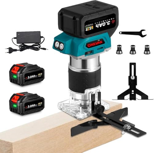 ONEVAN Set fresatrice per bordi a batteria, senza spazzole, router, fresatrice per legno, con base a immersione, base di protezione in plastica e 3 pinze di serraggio Ø 6 mm, 6,35 mm, 8 mm (incluse 2