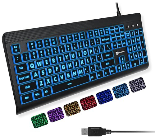 X9 Performance Tastiera retroilluminata di grandi dimensioni, facile da vedere, con cavo USB, layout a 107 tasti, 7 LED a colori, tastiera grande per ipovedenti, per PC Windows