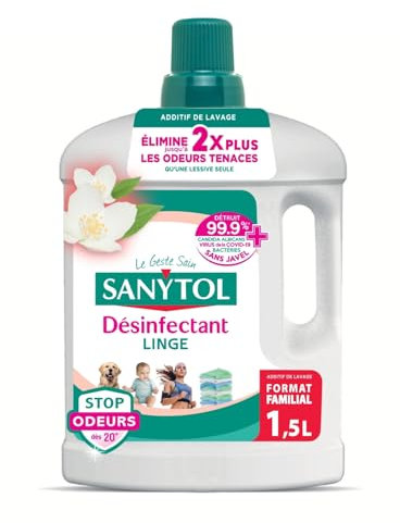 Sanytol - Désinfectant Linge Stop Odeurs - Parfum Fleurs Blanches - 1.5L - Bactéricide, Virucide - Sans Javel - Préserve Fibres et Couleurs à Toutes Températures