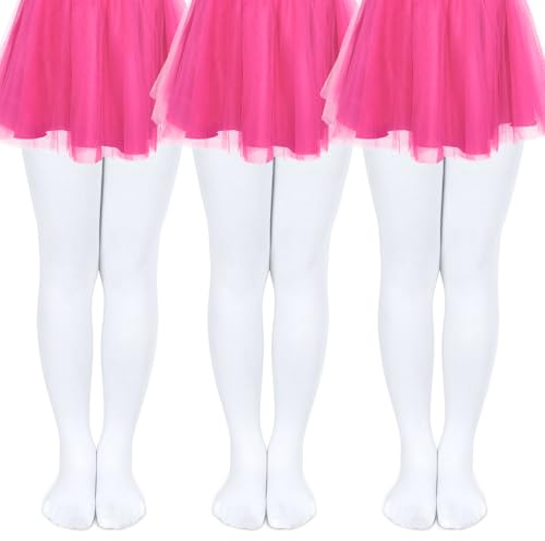 KOOOGEAR Lot de 3 collants de ballet pour filles (Taille 110-165) sans démangeaison ni glissement, collants pour le ballet pour enfants extrêmement résistants, Blanc., 5-7 ans