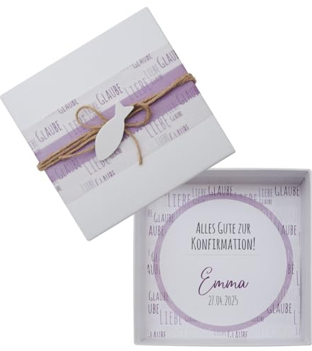 ZauberDeko Geldgeschenk Verpackung Personalisiert Kommunion Konfirmation Weiß 'Glaube,Liebe,Hoffnung' Lila