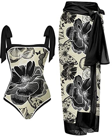 Maillot de bain 2 pièces pour femme avec paréo assorti - Monokinis d'été vintage à imprimé floral - Avec jupe longue - Style bohème - Vacances - Plage, 10 - Noir, L