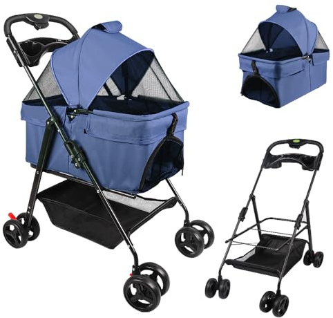 Kinderwagen für Hunde, Haustiere, faltbar, für kleine Hunde und Katzen, bis zu 15 kg, 2 Getränkehalter (mit abnehmbarem Korb)