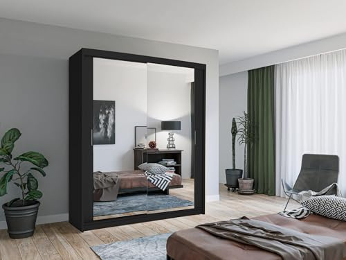 Krudox LUX Schwarz Schiebetürenschrank Kleiderschrank 180x216x62 cm mit Spiegel - Schlafzimmermöbel, Aufbewahrung – Mehrzweckschrank mit 2 Kleiderstangen