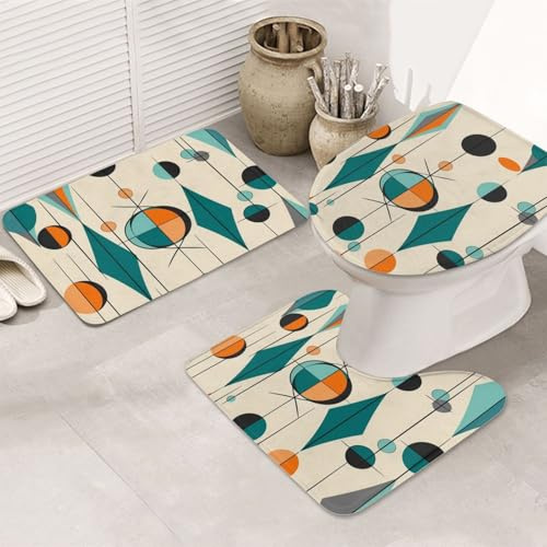 Set 3 Teilig Badvorleger Geometrische Formen Der Mitte des Jahrhunderts U-Förmigen Contour Matte Anti-Rutsch Weiche Badgarnitur Badematten, Für Badezimmer, Wc-Sitz Bezug, Spa