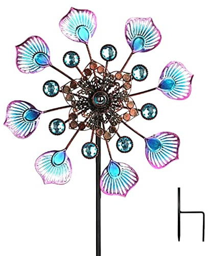 Kuanght Outdoor Metal Wind Spinners 90cm Peacock Tail Wind Spinners with Stable Stake, Metal Windmills for Garden Yard Patio Lawn Ornament(Blue)