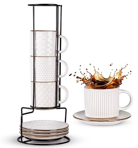GBhome Lot de 4 tasses à café empilables de 180 ml et soucoupes avec support, en céramique avec motifs texturés pour homme, femme, père, mère, pour latte/cappuccino/cacao