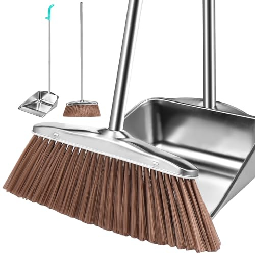 Long Dustpan and Brush Set, Long Handle Heavy Duty Stainless Steel Broom and Dustpan Set Combo Sweeper and Dustpans Set with Broom Clip for Indoor Outdoor Kitchen Lobby (Style 2)