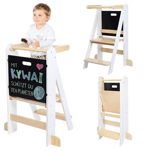 KYWAI® Torre de Aprendizaje Plegable Premium, Torre Aprendizaje Plegable Ajustable 2 Alturas, Diseño Nórdico con Pizarra Desmontable, Patas Anticaída – Marca Comprometida con la Reforestación