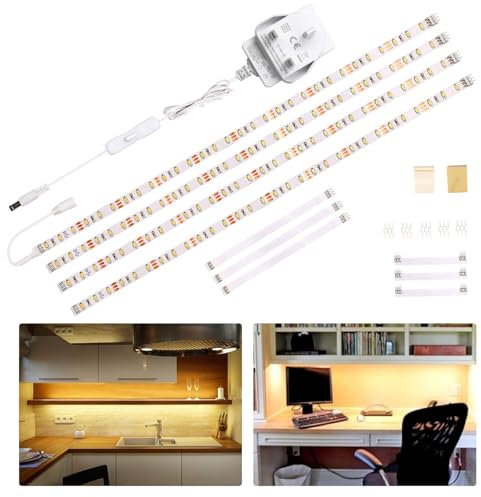 WOBANE Under Cabinet LED Lighting Kit, 4x50cm Flexible Strip Lights, 1200lm 2700K Warm White, 12V Counter Lights for Kitchen, Cupboard, Desk, Monitor, Shelf, Tape Light Set, Linkable Design, 120 LEDs