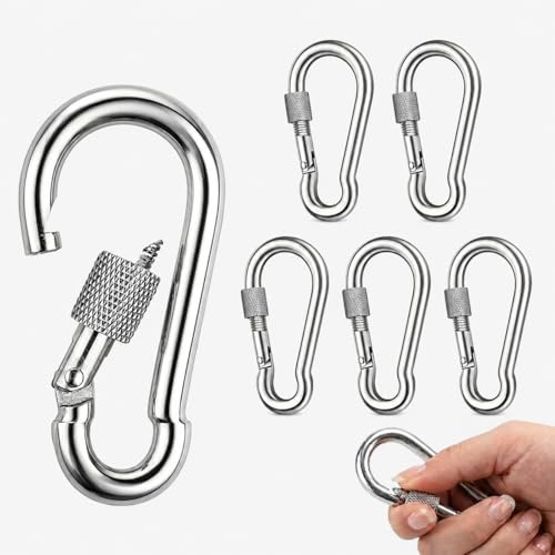 6PCS M8 Carabiner Clip Heavy Duty Locking Carabiners Large Stainless Steel | Hook Snap Clamp Key Chain Link Buckle for Outdoor Hammock Swing Set Travel Camping Fishing Hiking Backpack