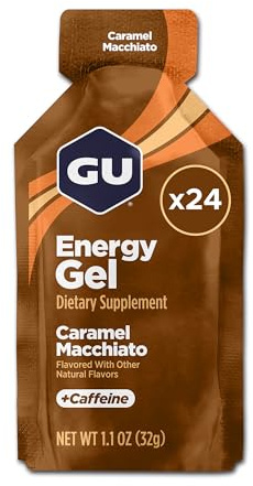 GU Original Energy Gels, Caramel Macchiato 24 Pack - 100 Calorie Energy Gel with Carbohydrates, Caffeine, BCAAs and Electrolytes - Pre-Workout Fuel for Running, Cycling, Triathlon and Endurance Sports