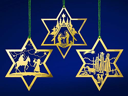 SIKORA MS-SET3 Traditionelle Christbaumschmuck Weihnachtsbaum Anhänger aus Messing Sterne mit christlichen Motiven 3er Set