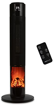 MONHOUSE Oscillating Tower Fan Heater with Fireplace 33 inches - Portable PTC Ceramic Electric Heater with LCD Display, Remote Control, Overheat Protection and Safety tip-over Switch - Black