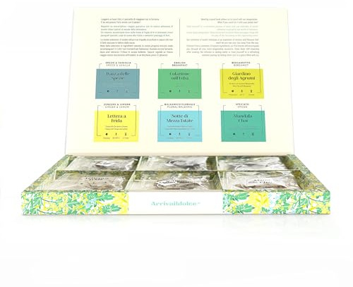 Confezione Regalo con Sei Pregiate Miscele, 24 Filtri Monouso, Tisane e Infusi Rilassanti, Energizzanti e Depurativi, Packaging Elegante, per Ogni Momento della Giornata (Exotic Selection Box)