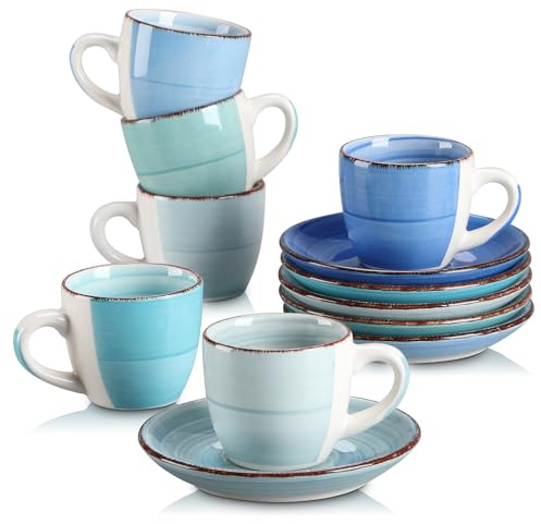 vancasso, Série Bonita, Service à Café Expresso en Céramique pour 6 Personnes, Ensemble de Tasse et Soucoupe, 80ml, Style Minimaliste Multicoloré-Bleu Dégradé