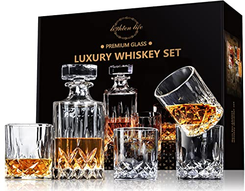Lighten Life Lot de 5 carafes à whisky sans plomb avec 4 verres dans une boîte cadeau, ensemble de carafes à bourbon en cristal, ensemble de carafe à décanter avec verres, ensembles de carafe à