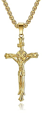 Skcess Kette Herren, Herren Schmuck Kette Schmuck Gold Damen Inri Gegossenes Dreidimensionales Kreuz Edelstahlkette Herren Länge 60cm