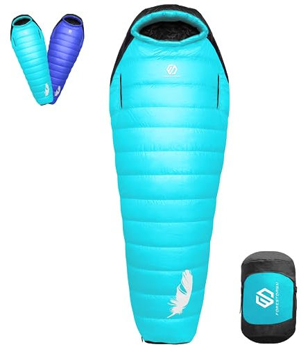 Wildroad 15 Grad F Daunenschlafsack für Erwachsene, 650 Daunenfüllung Kaltwetter-Mumienschlafsack, leichter Camping, Wandern, Rucksackreisen mit Kompressionssack (normal, cyan/-9,4 °F)..