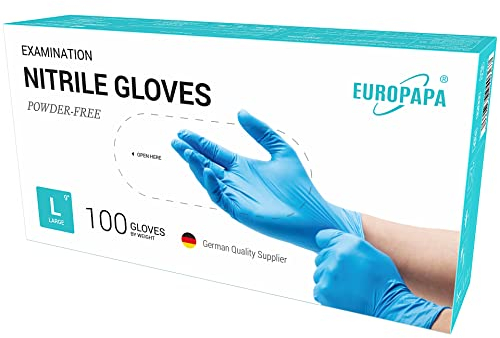 EUROPAPA® Lot de 100 gants jetables en nitrile sans poudre, sans latex, non stériles, sans latex, non stériles, sans latex, gloves disposibles (L, bleu)