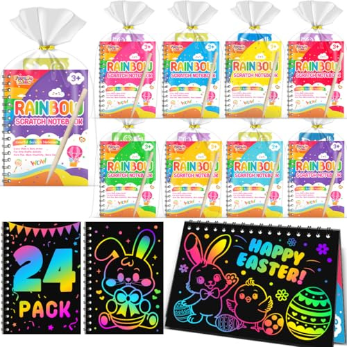 FEREDO KIDS Scratch Paper Art Party Favors for Kids: 24 Pack Rainbow Scratch Notebook, Goodie Bags Stuffers Coloring Books Party Favors for Kids 3-12, Bulk Classroom Birthday Gifts for Student