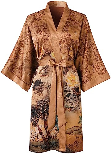 Ledamon dam kimono kort rock – klassisk blommig badrock nattlinne, Champagne, one size