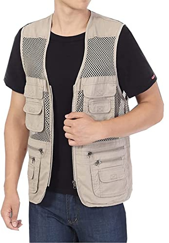 Sukany Men's Summer Safari Fishing Utility Vest Outdoor Mesh Work Photography Travel Hiking Multi-Pockets Waistcoat Jacket (Khaki,M)