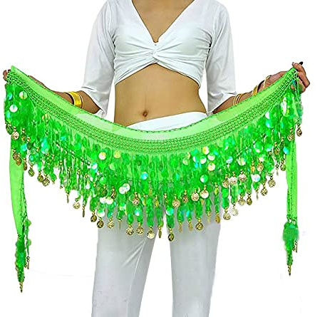 Rubruan Bauchtanz Hüfttuch Taillenkette Gürtel – Professionelles Tanzkostüm Sexy Tanzkleid Rock Outfit Zubehör mit 88 Münzen Pailletten Hüftschal für Damen Mädchen Doppellagig – 160 cm