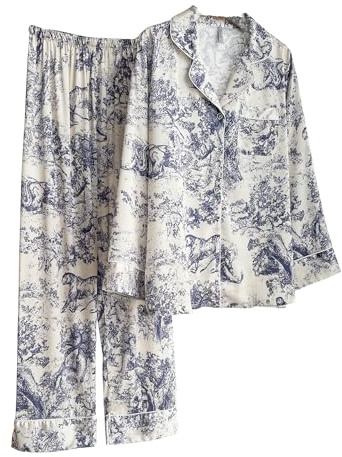DQSSYTTX Pyjama Set für Frauen Floral Print Seide Lange Hosen Langarm Nachtwäsche V-Ausschnitt Knopf Nachtwäsche