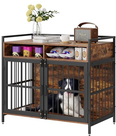 VEVOR Cage pour Chien 1041x599x919 mm Meuble Cage Chien en Bois Moderne Intérieur Multi-usages avec Double Porte et Cubes de Stockage pour Chiens Grande/Moyenne Taille Jusqu'à 31 kg, Marron Rustique