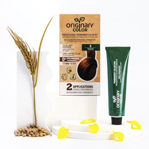 Originary Color - Kit de Coloración Profesional Permanente, Color 5 Castaño Claro 100 ml + Crema Oxidante 100 ml + Champú 30 ml | Fórmula sin amoniaco y sin PPD.