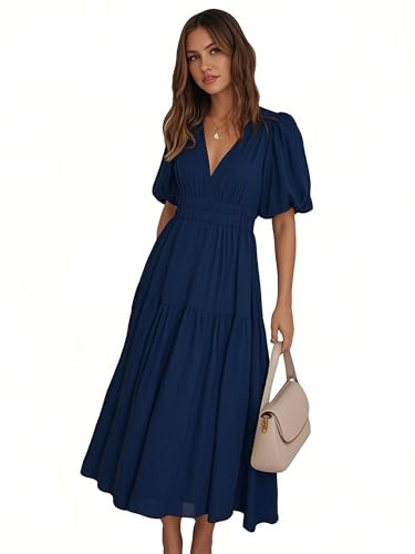 MessBebe Kleid Damen Elegant V-Ausschnitt Sommerkleid Kurze Puffärmel Wickelkleid Einfarbig Maxikleid Hohe Taille Partykleid Lässig Sommer Freizeitkleid