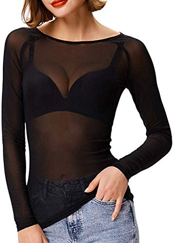 pvucpot Femme Hauts Transparents T-Shirt à Manches Longues Top en Maille Sexy Blouse Sheer Mesh Elégant Noir Haut en Maille Clubwear Tops en Filet à Mailles pour Soirée Club (7.99, M)