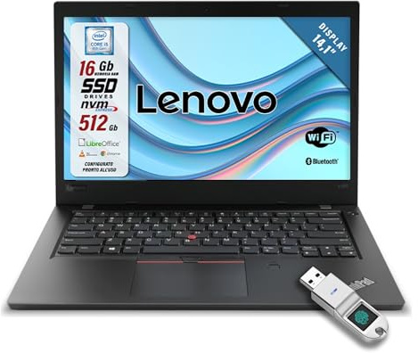 Lenovo ThinkPad - Pc portatile Intel i5-8250U - Pronto All'Uso con Libre - Display da 14,1 - Ram 16Gb SSD 512Gb - Windows 11 + Chiavetta FingerPrint (Ricondizionato)