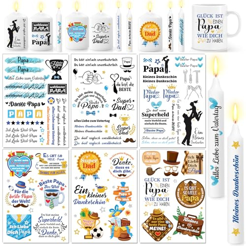 DPKOW 6 Blatt Beste Papa Kerzentattoos, Papa Wasserschiebefolie Kerzen, Vatertag Kerzen Tattoo Folie Beste Papa der Welt, Vatertag kerzensticker Geburtstag Papa Geschenk, DIY Kerzen Deko mit Spruch
