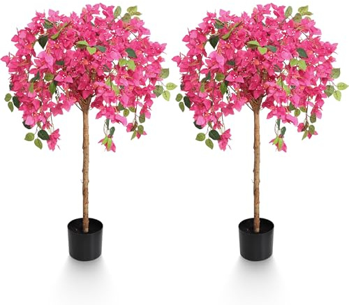 4 Feet Artificial Bougainvillea Trees, Fake Bougainvillea Pink Flowers Tree with Black Plastic Pot, Outdoor Faux Blooming Plants Potted 2 Packs for Decor Front Porch Indoor or Home Office (47 inch)