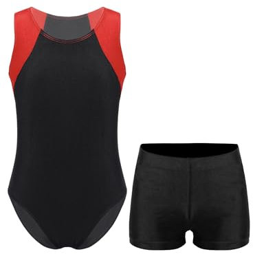 Runhomal Kinder Jungen Turnanzug Gymnastik Trikot mit Shorts Set Tanzen Ballet Kleidung Ärmellos Trikotanzug Ballttkleidung Wettkampf Tanzkostüm Rot schwarz 122-128