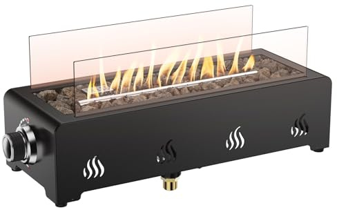 Onlyfire 45,7cm Kleine Gas Feuerstelle mit 1,5kg Lavastein, Glaswindschutz und Gasdruckregler, Outdoor Tischfeuer, 3,2 kW, Feuerschalen für den Garten, Unterer Lufteinlass, Rechteckig