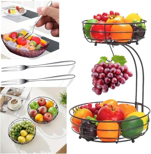 Niuoppy 2-Tier Fruit Bowl, Black Metal Fruit Bowl with Banana Hanger (Silver)