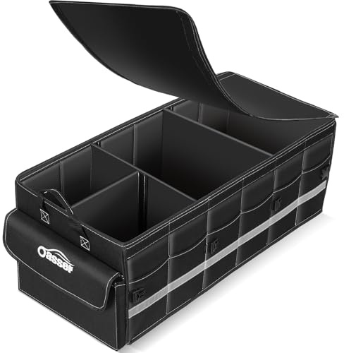 Oasser Organizador Maletero Coche 75L Grande 3 Compartimentos Tapa Desmontable Plegable Antideslizante 1 Bolsillo Grande 6 Bolsas Laterales Malla
