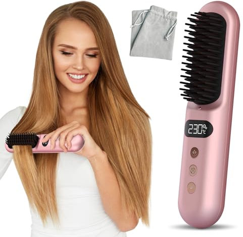 Hair Straightener Brush UK, Fast Heating Ceramic & Anti-Scald Design, Cordless Hair Straightening Comb with 9 Temp Settings (150℃-230℃), Hot Straightening Brush for Hair Styling