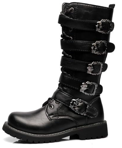 Dcbdx Herrenstiefel Gothic Kniehohe Stiefel Aus Schwarzem Leder Mit Schnallenverschluss & Seitlicher Reißverschluss Schnürschuhe,Schwarz,43 EU