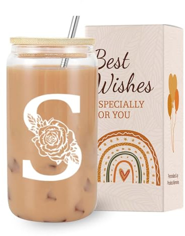 VivaJoy A-Z Initial Personalised Birthday Gifts for Women - Monogrammed Gifts for Women,Initial Letter S,Glass Cups with Lids Straws, Christmas or Birthday Gifts for Her,Mum,Friend,Sister（Letter-S）