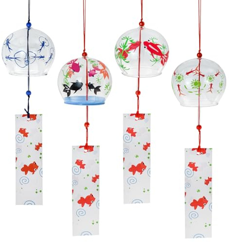 MrMrKura Lot de 4 carillons éoliens japonais, carillons éoliens en verre avec étiquette pour décoration extérieure pour intérieur, jardin, cour, décoration d'intérieur (poisson rouge)