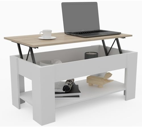 DORMIDAN- Mesa de Centro elevable con Revistero, Comedor o Auxiliar, Mayor Estabilidad. (Blanco Tapa Roble)