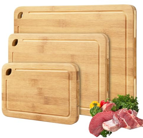Lot de 3 Planche a Decouper Bois Planche à Découper en Bambou Naturel Planches à Découper d’Épaisseur Cutting Board Renforcé Professionnelle pour Cuisine,Pain,Viande,Fruits Grand/Moyen/Petit (Naturel)